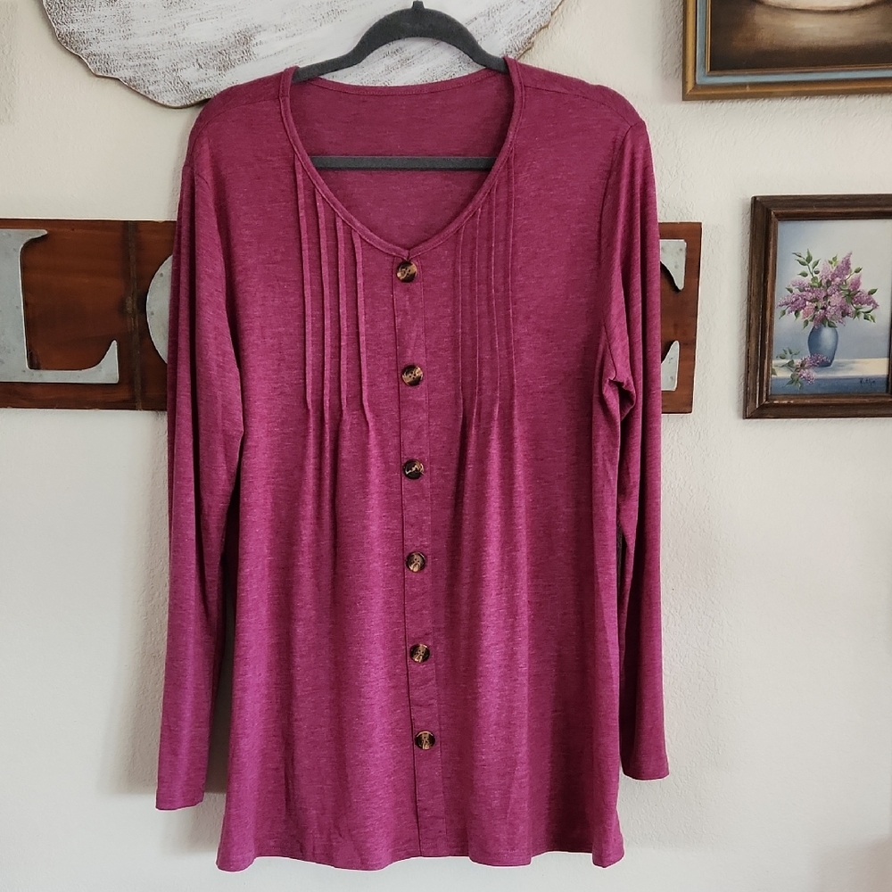 Long Sleeve Burgundy Top with Faux Buttons Down Front | XL